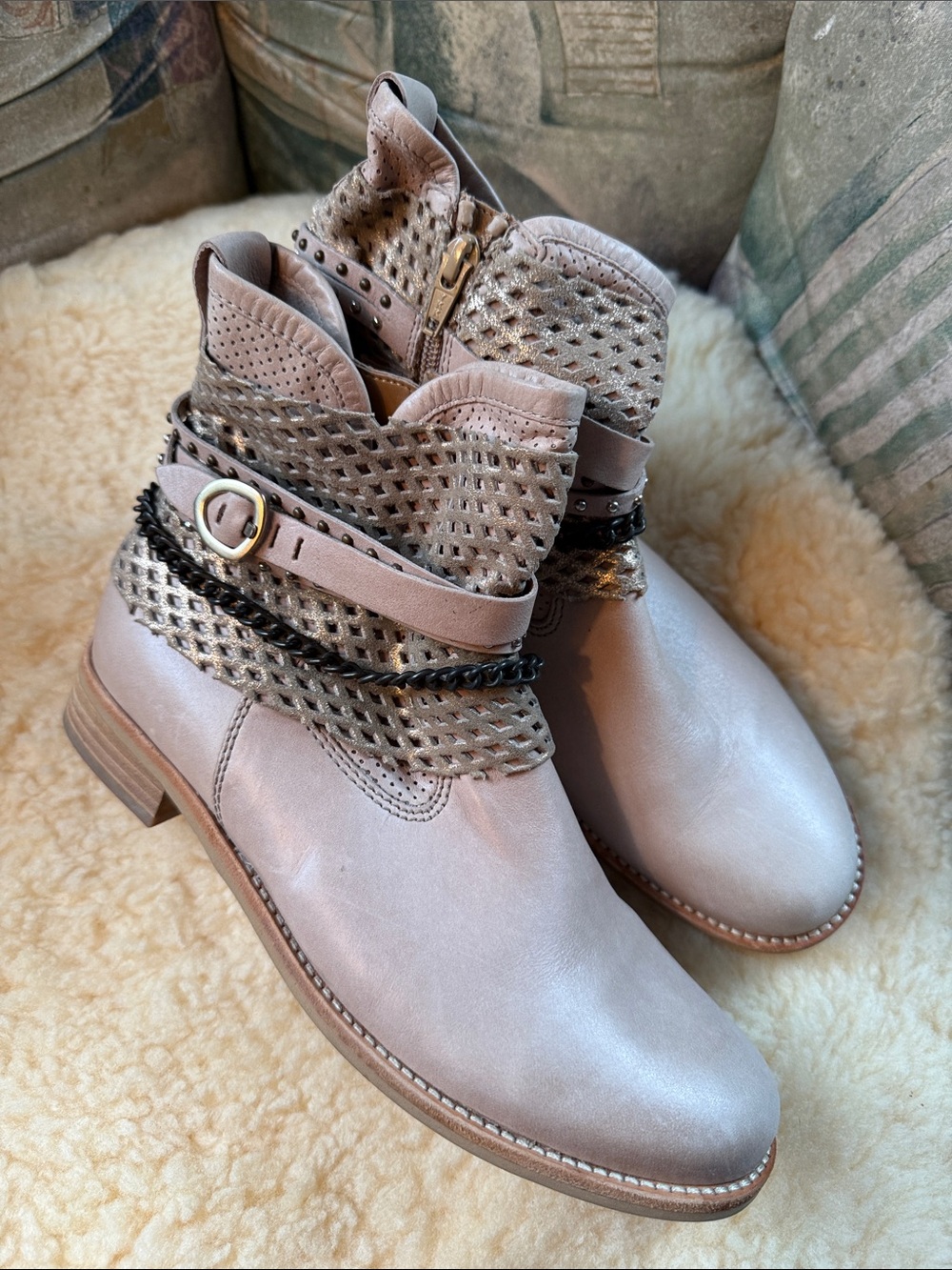 Gabor Taupe Perforated Ankle Booties with Decorative Straps in size 7